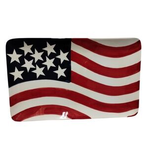 DEI American Flag Serving Platter Rectangular Patriotic Dish 12x8 Ceramic
